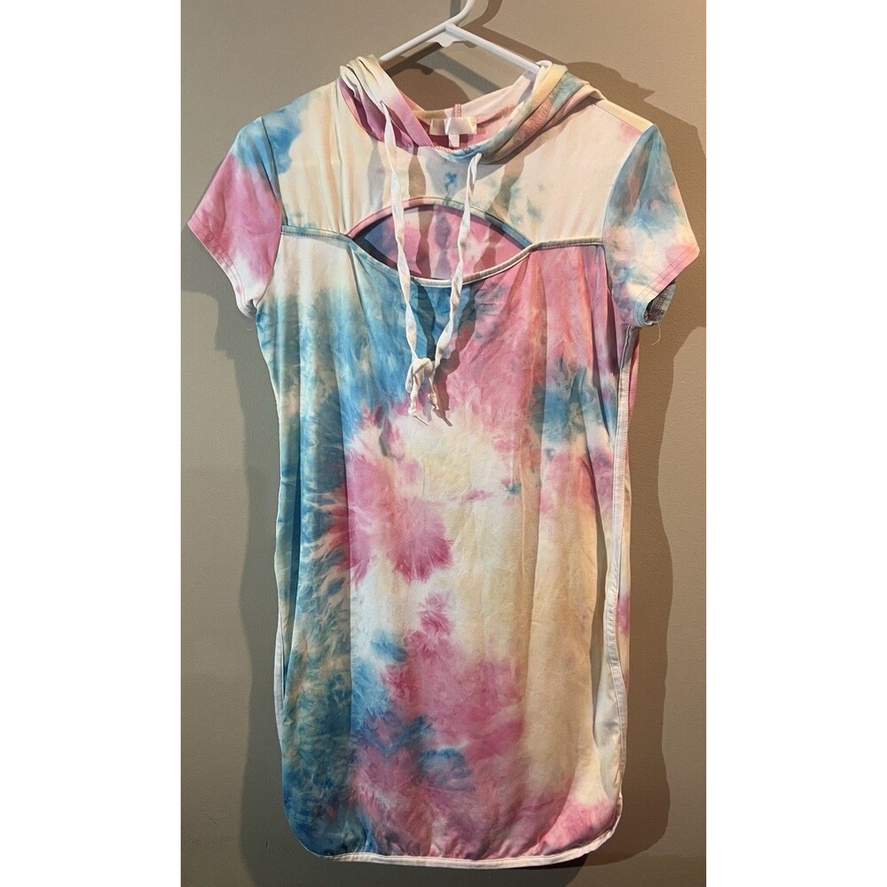 Riley and James tie-dye Hooded Cut out dress Blue Pink White Size M